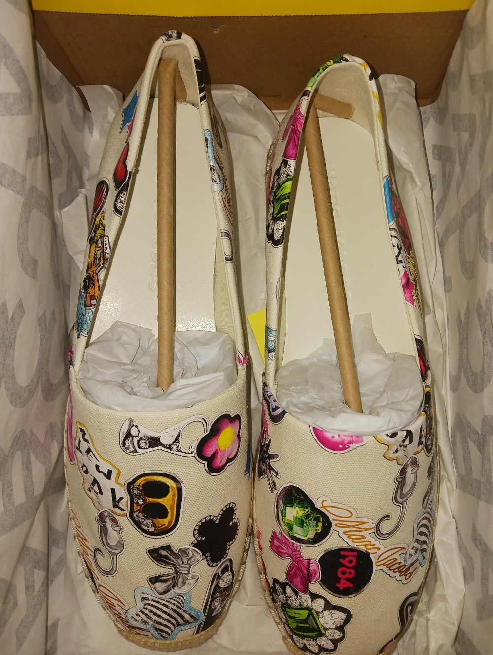 Marc Jacobs Cream Canvas Slip-On Flats with Multicolor Sticker Motif